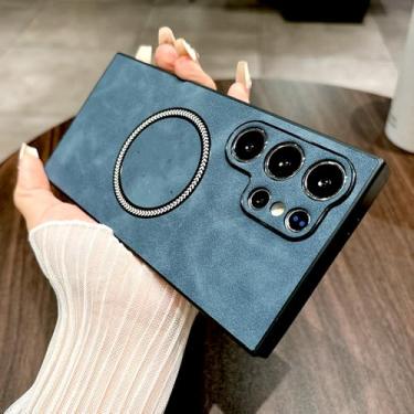 Imagem de Capa de couro retrô para Samsung Galaxy S24 S23 S22 S21 Note 20 Ultra FE Note20 S 24 23 S23FE Capas magnéticas seguras, azul escuro, para Samsung S22 Ultra