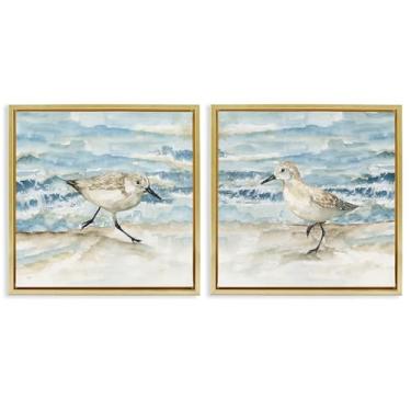 Imagem de Stupell Industries Sandpipers Treading Beach Shore Conjunto de tela flutuante com moldura dourada de 2 peças, design por Nan, 45,7 x 45,7 cm