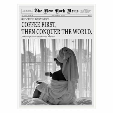 Imagem de Pôster de café preto e branco e arte de parede de jornal vintage – Impressão de jornal feminismo de 28 x 35 cm, pôster estético feminino, decoração de carrinho de bar chique, arte moderna para quarto
