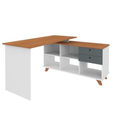Imagem de Mesa Escrivaninha 2 Gavetas Com Nichos Em L Golden Freijó/grafito/branco
