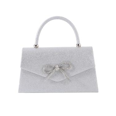 Imagem de Dreubea Bolsa feminina moderna com laço e strass bolsa noturna linda bolsa de mão brilhante, Prata