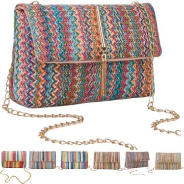 Imagem de VTYFRY Bolsas transversais de palha para mulheres, moda moderna, borla, decorada, verão, praia, casual, padrão listrado, bolsa de ombro com aba, Vermelho, Large