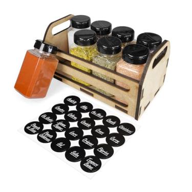 Imagem de Cesta Caixote MDF com Alça Bege + 8 Potes Tempero 220ml de Plástico para Condimentos Especiarias Temperos com Tampa Dosadora Dupla + Adesivos