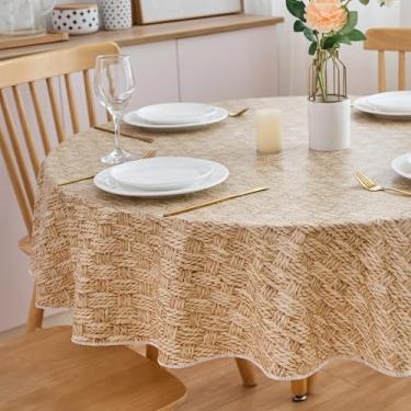 Imagem de NLMUVW Toalha de mesa de vinil com forro de flanela redondo, toalha de mesa 100% de PVC à prova d'água para jantar, festa, acampamento ao ar livre, xadrez de madeira, 121 cm