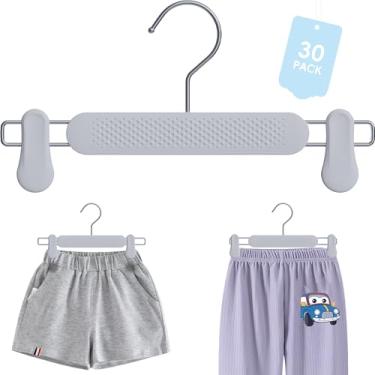Imagem de Cabides de calça infantil com clipes, pacote com 30, plástico fosco em relevo, ajustável, resistente para mulheres, bebês, crianças adolescentes (cinza)