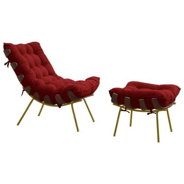Imagem de Poltrona e Puff Abel Base de Madeira Dourada Veludo Vermelho
