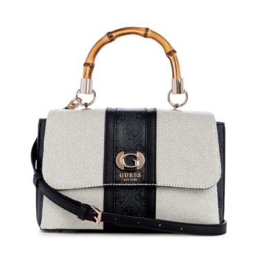 Imagem de GUESS Bolsa feminina Kerima com alça superior de bambu, Logotipo natural/latte, One Size