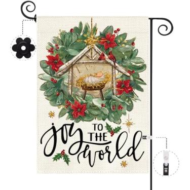 Imagem de Baccessor Bandeira de jardim de Jesus de Natal 30 x 46 cm dupla face de serapilheira Joy to the World Guirlanda de presépio pequena bandeira de quintal sazonal decoração externa ao ar livre