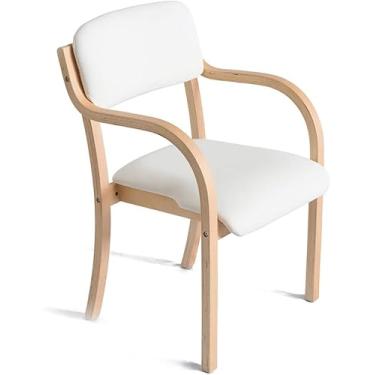 Imagem de Cadeira De Jantar De Madeira Maciça De Estilo Nórdico, Cadeira De Estudo Única Minimalista Moderna Com Braços Costas Abertas Poltronas Ergonômicas, Log + White Leather, one size