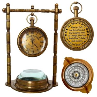 Imagem de ALADEAN Presente de menino corajoso para filho neto - bússola de relógio de mesa | Presente inspirador vintage relógio de mesa presentes para homens