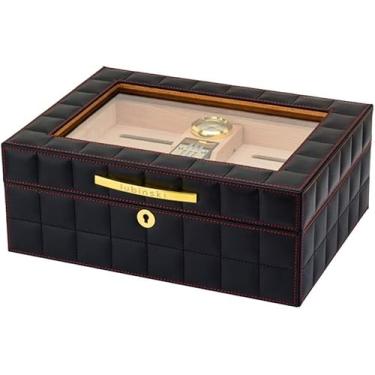 Imagem de Superfície De Couro Da Caixa De Charuto De Madeira Do Humidor Do Cedro Grande Capacidade De 50 Charutos Caixa De Armazenamento Do Charuto Com Humidificador Do Higrômetro, Black
