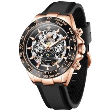 Imagem de OLEVS Relógios masculinos automáticos com corda automática, turbilhão, esqueleto, data, à prova d'água, luminoso, diamante, luxuoso, para negócios, relógios de pulso, Dourado 6713