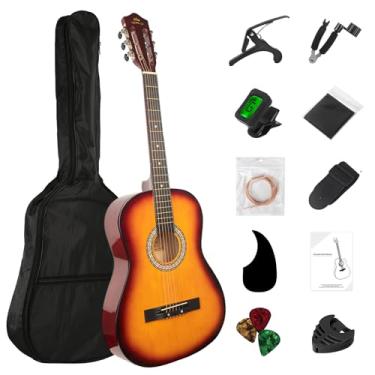 Imagem de BESYOU Kit básico para iniciantes para guitarra acústica de 96,5 cm, bolsa para capo, cordas enroladoras, palhetas de alunos/crianças, com bolsa de shows Sunburst