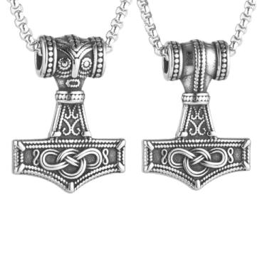 Imagem de Colar masculino e feminino com pingente de martelo Thor com nó celta viking norueguês, aço inoxidável 316L, corrente quadrada de pérola de aço inoxidável prateado, joia vintage de amuleto nórdico,
