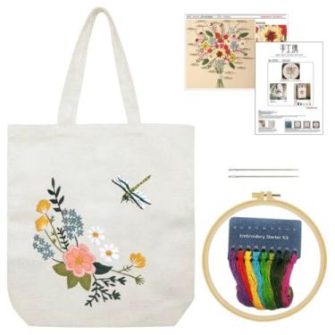 Imagem de YANGSHINE Kit de bordado de sacola de lona com padrão, kits de ponto cruz para iniciantes, kit de bordado de artesanato para adultos, inclui bolsa de bordado, argola e instruções (bolsa bege, flor e