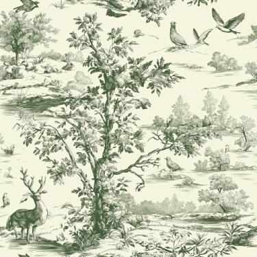 Imagem de Livelynine Papel de parede natural de 44,5 x 701 cm, vara, árvores, animais, plantas verdes, paisagem, país francês, papel de parede para quarto, banheiro, murais de parede, padrão verde sálvia, papel