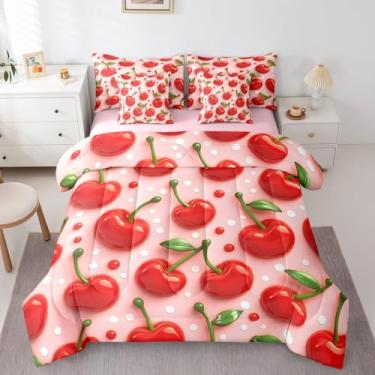 Imagem de Erosebridal Jogo de cama solteiro com estampa de cereja vermelha, 7 peças, frutas fofas, para crianças, meninos, meninas, verão, cereja doce, rosa, conjunto de lençol com edredom e edredom