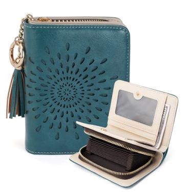 Imagem de Carteira pequena feminina de couro genuíno com bloqueio de RFID, ultrafina, dobrável, com bolso para moedas, vários compartimentos para cartões, 02 - azul pavão, Vintage