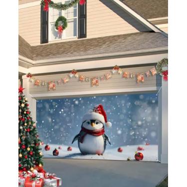 Imagem de Capa de faixa de porta de garagem de Natal 2,1 x 5,9 m, bola vermelha de floco de neve de Natal com pinguim engraçado, decoração de porta de garagem, decoração de Natal para fotos de festa de inverno