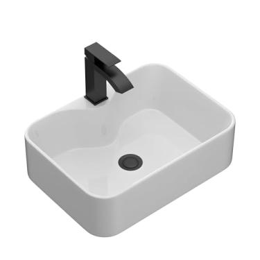 Imagem de Lordear Pia de vaso de banheiro 48 x 38 cm pia retangular acima do balcão porcelana branca cerâmica moderna lavatório de arte com orifício de torneira torneira preta e ralo pop-up preto para banheiro