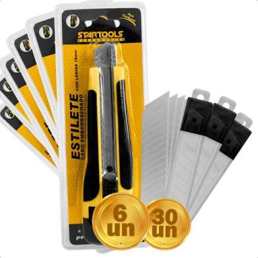 Imagem de Kit 6 Estilete Profissional Largo Multiuso Com 30 Lâminas 0,5mm Para E