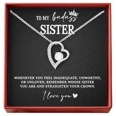 Imagem de Colar To My Badass Sister - Presente de joia inspiradora com pingente de coração e cartão de mensagem - presente de aniversário, Natal ou amizade para irmãs, Long, Aço inoxidável, Zircônia cúbica