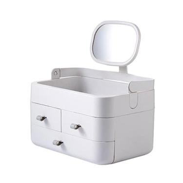 Imagem de Caixa de armazenamento de maquiagem para quarto, mesa organizadora de bancada com 3 gavetas, organizador de mesa de maquiagem com espelho para penteadeira, bancada de banheiro, prateleira para