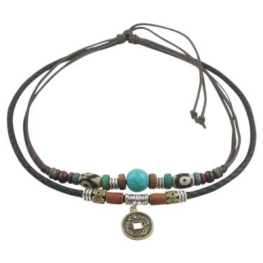 Imagem de Ancient Tribe Colar gargantilha de couro de cânhamo Boho com contas e pingente turquesa, ajustável de 38 cm