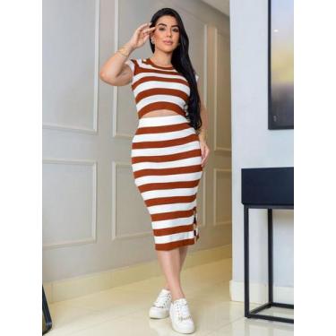 Imagem de Conjunto Listrado em Malha Modal Blusa Cropped com Manga Curta e Saia 