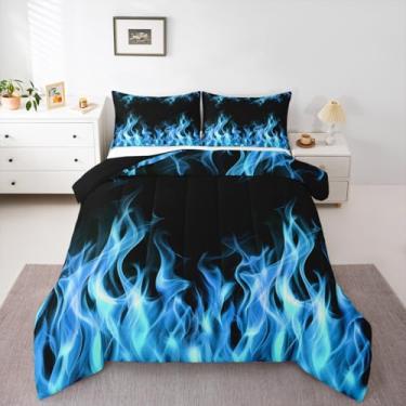 Imagem de Castle Fairy Conjunto de edredom Queen com estampa de fogo azul-petróleo, 3 peças, para decoração de quarto de crianças, adolescentes e adultos, abstrato, chique, arte moderna, conjunto de edredom