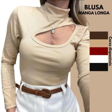 Imagem de Blusa Feminina Manga Longa Gola Alta Decote Recorte Tecido Canelado Fl