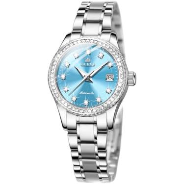 Imagem de OLEVS Relógios femininos automáticos com diamante de aço inoxidável com corda automática, relógios de pulso luminosos à prova d'água, L7003: pulseira prata e mostrador azul, Elegante