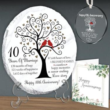 Imagem de Pedra de ardósia de feliz aniversário de 20 cm com suporte, presentes de casamento de 10 anos para casal, enfeite acrílico de 10 anos de casamento, cartão de feliz aniversário, presente de lata para