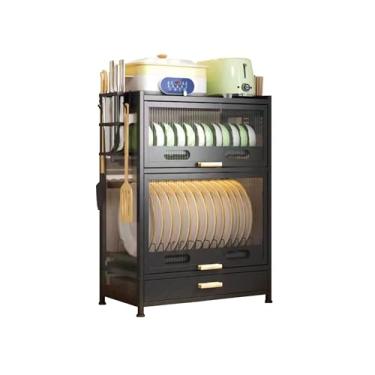 Imagem de LXSJCYGJ Armário de armazenamento de pratos de bancada de cozinha com gavetas, 4 camadas à prova de poeira para garrafas, prato, tigelas, armário de jantar de console (preto)