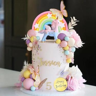Imagem de Decoração Topo de Bolo Unicórnio – Topo de Bolo de Aniversário Infantil Unicórnio, Decoração de Bolo (47 peças)
