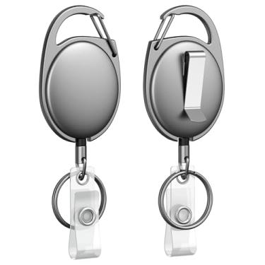 Imagem de Uniclife Pacote com 2 carretéis retráteis de metal resistente para crachá porta-crachás, porta-chaves retráteis, toda a caixa de metal com bobina de mola de aço inoxidável 54,6 cm, mosquetão de corda