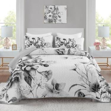 Imagem de Conjunto de edredões Drucon Floral King Size, microfibra cinza, 3 peça