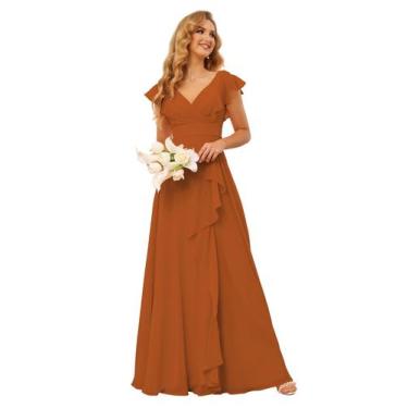 Imagem de Vestido de dama de honra TIRAS Ruffles Chiffon com decote em V laranja