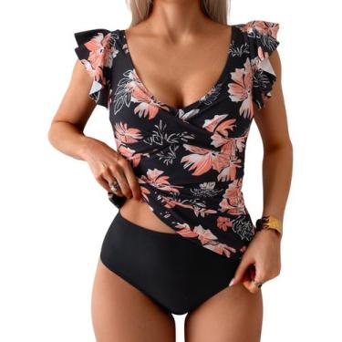 Imagem de Maiô Tankini Aidonger Tummy Control, 2 peças, preto, floral