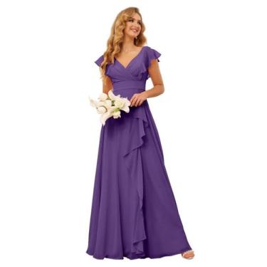 Imagem de Vestido de dama de honra TIRAS, chiffon roxo, babados, cintura imperia