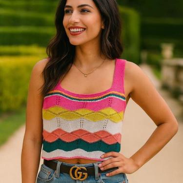 Imagem de Blusa Curta Cropped Feminino de Tricot com Decote Quadrado Verão - Vit