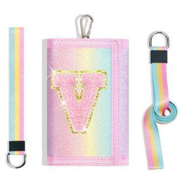 Imagem de cotmcor Carteiras infantis para meninas, adolescentes, 6-8, 8-10 anos, linda bolsa infantil com inicial de rebanho, bolso para moedas, glitter, arco-íris, carteira transversal para presentes de