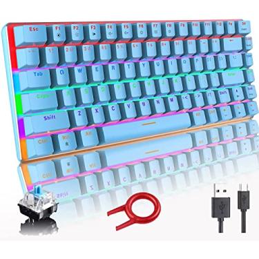 Imagem de Teclado mecânico para jogos com fio USB metal mecânico azul teclado para jogos com LED arco-íris retroiluminado para jogadores de computador (azul)