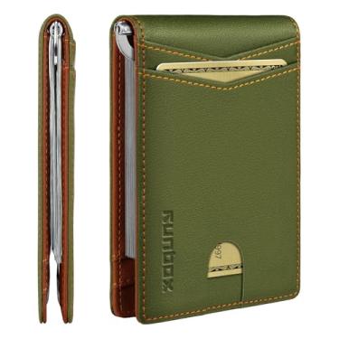 Imagem de Carteira masculina fina com clipe de dinheiro com bloqueio de RFID, 8 porta-cartões, minimalista, pequena, fina, de couro de carbono, dobrável e dobrável, caixa de presente, Contraste verde laranja