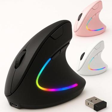 Imagem de Mouse Vertical Ergonômico Sem Fio Recarregável – Reduz Tensão no Pulso, RGB, Cliques Silenciosos, DPI Ajustável, USB 2.4G – Compatível com Windows, Mac, Notebook (PRETO)