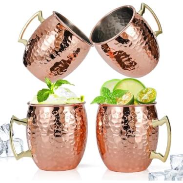 Imagem de Conjunto de 4 canecas de cobre Moscow Mule, 100% puro, sólido, feito à mão e martelado para coquetéis, conjunto de presente