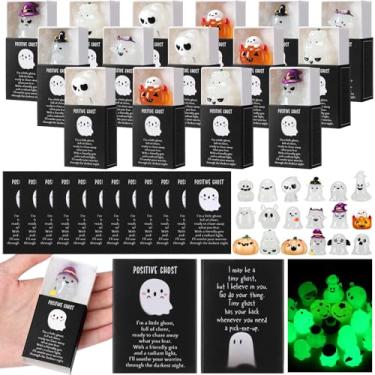 Imagem de Wonderjune 36 conjuntos de lembrancinhas de festa fantasma de Halloween que brilham no escuro, figuras espirituais de resina, com caixas e cartões positivos, mini fantasma luminoso positivo para