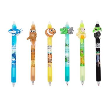 Imagem de 6 peças de canetas apagáveis Brainrot italianas, canetas esferográficas de animais fofos de 0,5 mm, lembrancinhas de festa azuis para crianças, materiais de volta às aulas, canetas divertidas para
