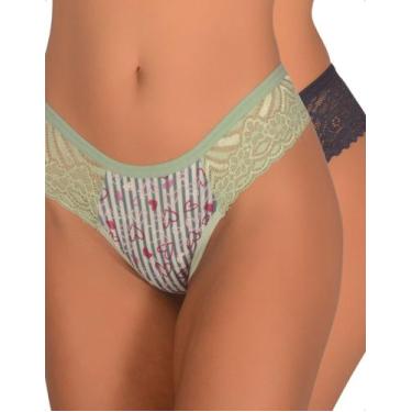 Imagem de Kit 2 Calcinha Estampada Fio Dental Renda Lateral Conforto Elegante Mo