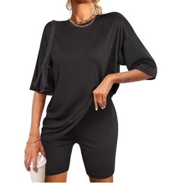 Imagem de Conjunto de lounge feminino Ekouaer de malha canelada preta com shorts